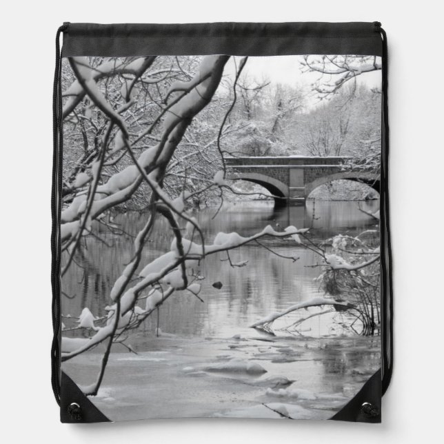 Arch Bridge over Frozen River in Winter Drawstring Bag (Front)