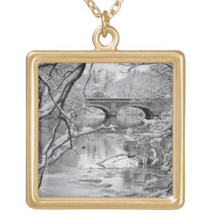 Arch Bridge over Frozen River in Winter Gold Plated Necklace