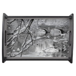 Arch Bridge over Frozen River in Winter Serving Tray