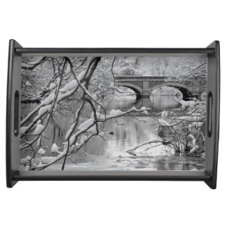 Arch Bridge over Frozen River in Winter Serving Tray