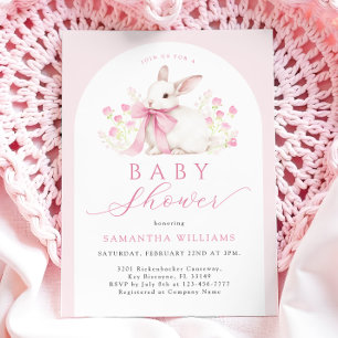 Arch Bunny Pink Floral Baby Shower Invitation