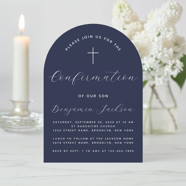 Arch Confirmation Navy Blue Religious Boy Script Invitation (Creator Uploaded)