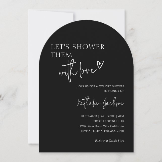 Arch Couple Let's Shower Them Black Bridal Invitation (Front)
