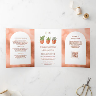 Arch Desert Cactus Terracotta Pots QR Code Wedding Tri-Fold Invitation