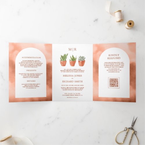 Arch Desert Cactus Terracotta Pots QR Code Wedding Tri-Fold Invitation