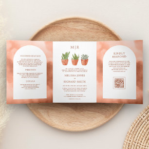 Arch Desert Cactus Terracotta Pots QR Code Wedding Tri-Fold Invitation