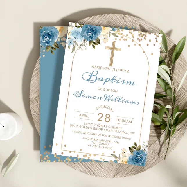 Arch Dusky Blue Floral Gold Glitter Baptism Invitation | Zazzle