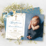 Arch Dusky Blue Floral Gold Glitter Baptism Photo Invitation