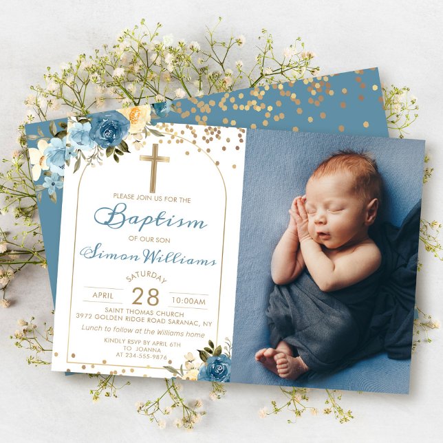 Arch Dusky Blue Floral Gold Glitter Baptism Photo Invitation (Creator Uploaded)