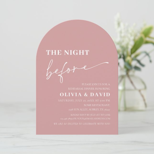Arch Dusty Pink The Night Before Rehearsal Dinner Invitation (Standing Front)