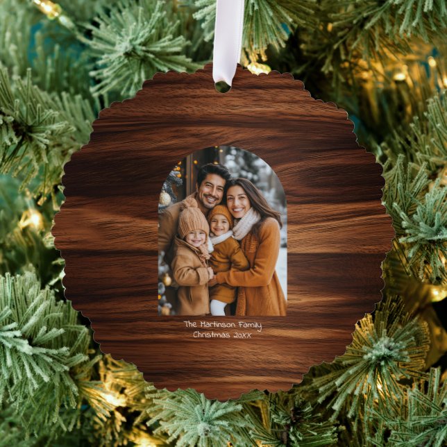 Arch Family Christmas Photo Woodgrain Pattern  Ornament Card (Insitu (Tree))
