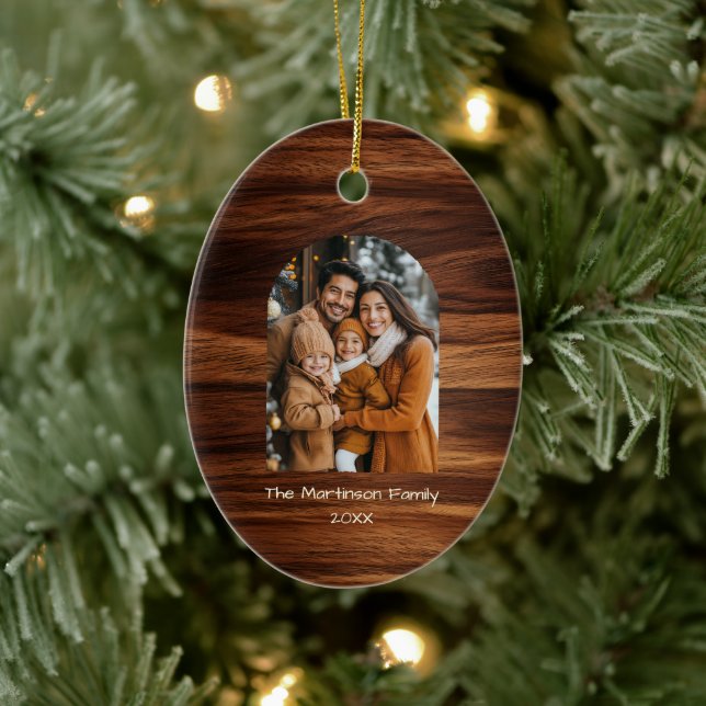 Arch Family Photo Personalized Woodgrain Christmas Ceramic Ornament (Tree)