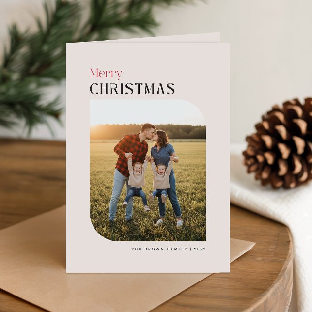 Arch Family Photo Red Black Folded Holiday Card (Creator Uploaded)