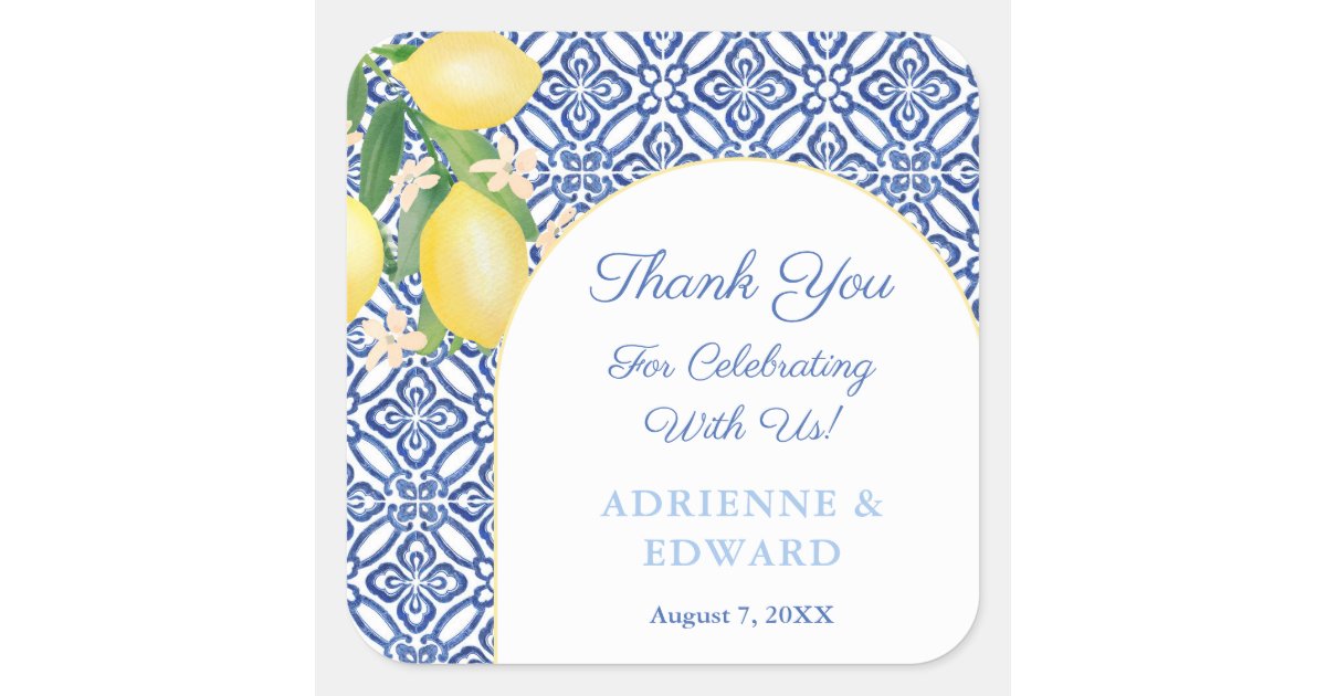 Arch Frame Capri Lemons Blue Tiles Wedding Favor Square Sticker | Zazzle