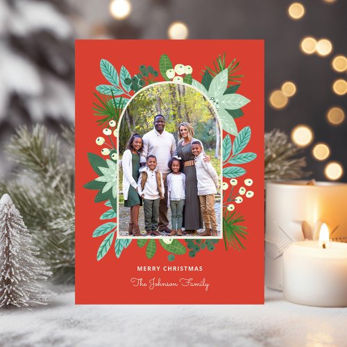 Arch Frame Floral Merry Christmas Photo Holiday Card