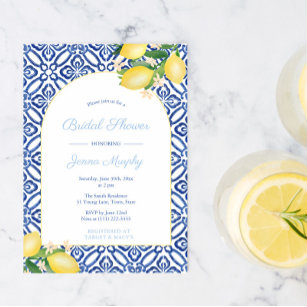 Arch Frame Italian Lemons Blue Tiles Bridal Shower Invitation