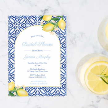 Arch Frame Italian Lemons Blue Tiles Bridal Shower Invitation by DulceGrace at Zazzle