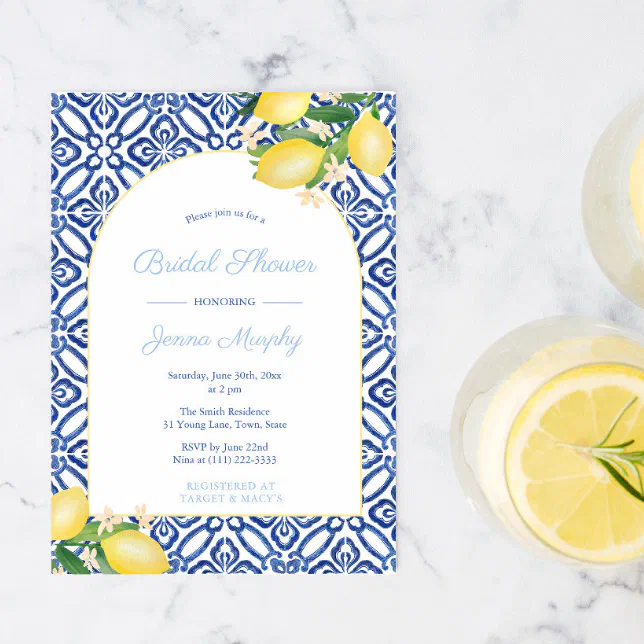 Arch Frame Italian Lemons Blue Tiles Bridal Shower Invitation | Zazzle