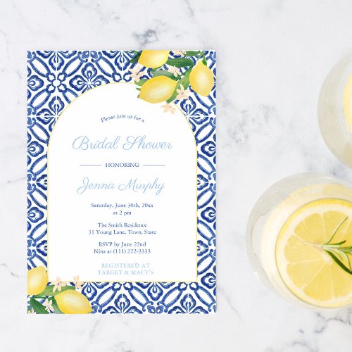 Arch Frame Italian Lemons Blue Tiles Bridal Shower Invitation