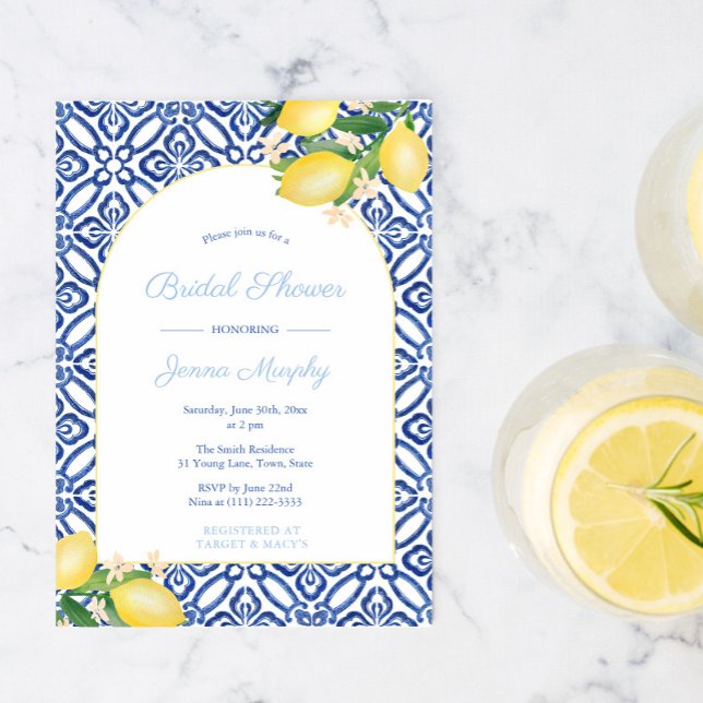 Arch Frame Italian Lemons Blue Tiles Bridal Shower Invitation (Creator Uploaded)