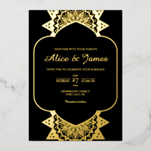 Arch Frame Mandala Elegant Black Gold Foil Wedding Invitation