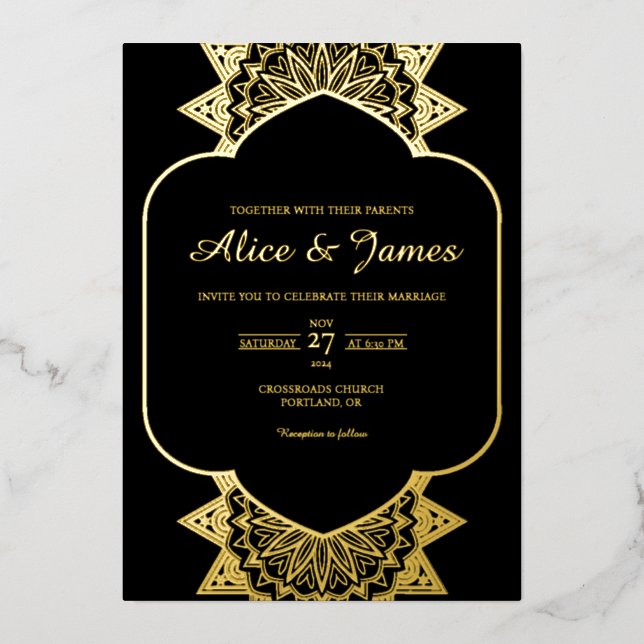 Arch Frame Mandala Elegant Black Gold Foil Wedding Invitation (Front)