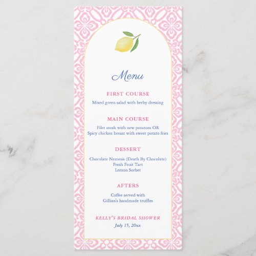 Arch Girly Pink With Lemon Baby Shower Party Menu