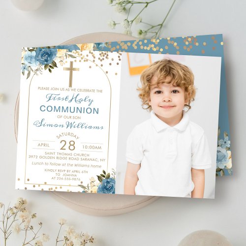 Arch Gold Dusky Blue Floral First Communion Photo Invitation