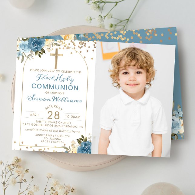 Arch Gold Dusky Blue Floral First Communion Photo Invitation (Creator Uploaded)