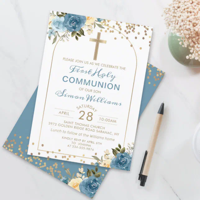 Arch Gold Dusky Blue Floral First Holy Communion Invitation | Zazzle