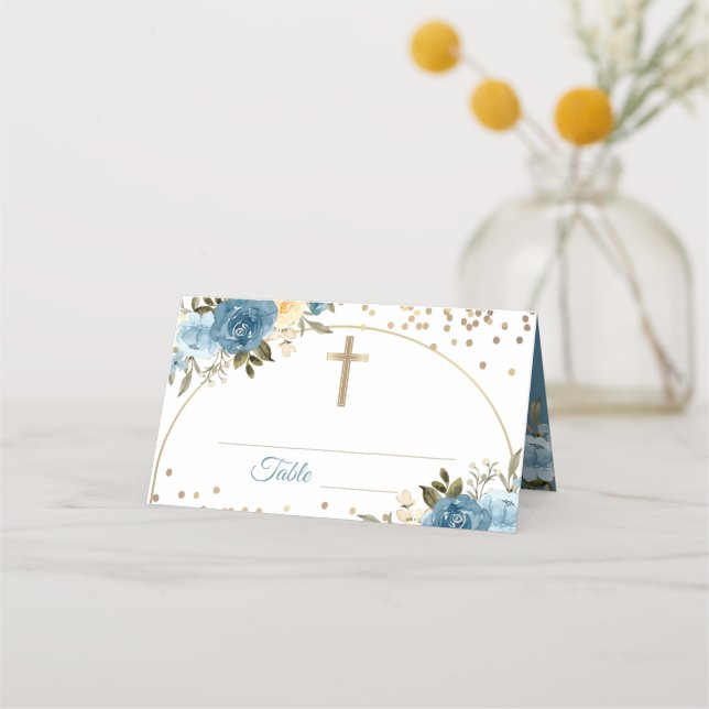 Arch Gold Dusky Blue Floral First Holy Communion Place Card (Front)
