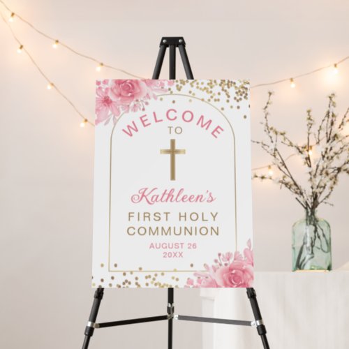Arch Gold Glitter Pink Floral First Holy Communion Foam Board