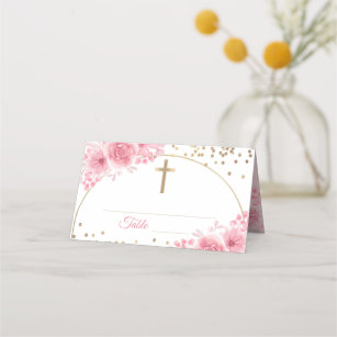 Arch Gold Glitter Pink Floral First Holy Communion Place Card