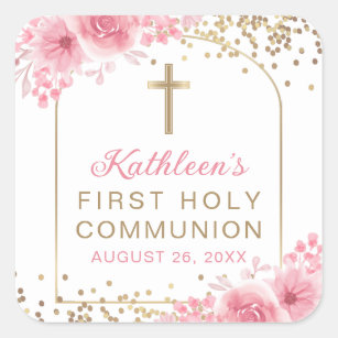 Arch Gold Glitter Pink Floral First Holy Communion Square Sticker