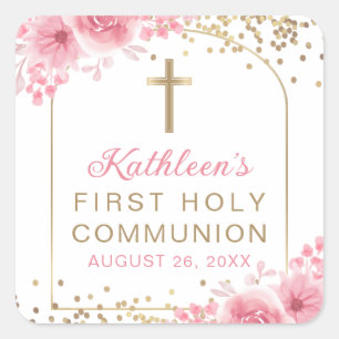 Arch Gold Glitter Pink Floral First Holy Communion Square Sticker