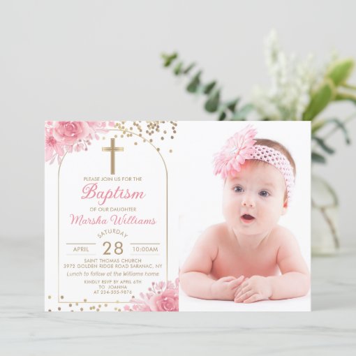 Arch Gold Glitter Pink Floral Girl Baptism Photo Invitation | Zazzle