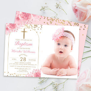 Arch Gold Glitter Pink Floral Girl Baptism Photo Invitation
