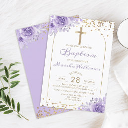 Arch Gold Glitter Purple Floral Girl Baptism Invitation