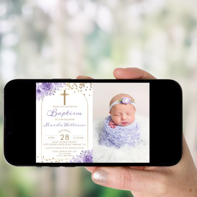 Arch Gold Glitter Purple Floral Girl Baptism Photo Invitation (Front Digital)