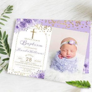 Arch Gold Glitter Purple Floral Girl Baptism Photo Invitation