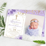 Arch Gold Glitter Purple Floral Girl Baptism Photo Invitation at Zazzle