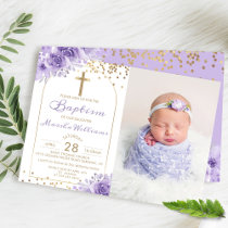 Arch Gold Glitter Purple Floral Girl Baptism Photo Invitation