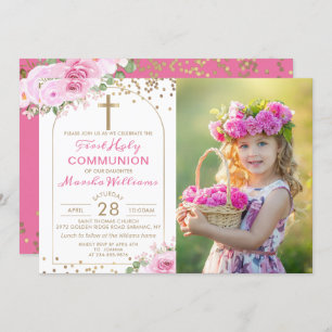 Arch Gold Pink Floral First Holy Communion Photo Invitation