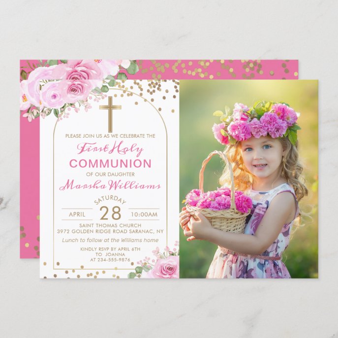 Arch Gold Pink Floral First Holy Communion Photo Invitation
