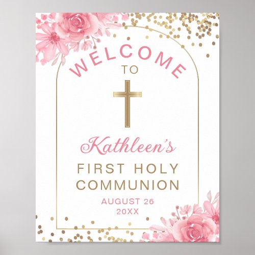 Arch Gold Pink Floral First Holy Communion Welcome Poster