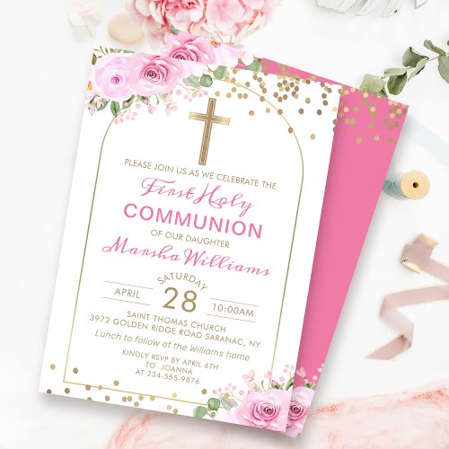 Arch Gold Pink Floral Girl First Holy Communion Invitation