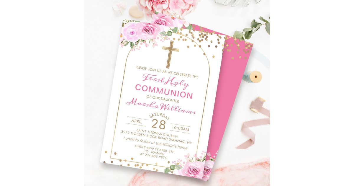 Arch Gold Pink Floral Girl First Holy Communion Invitation | Zazzle
