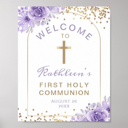 Arch Gold Purple Floral First Communion Welcome Poster