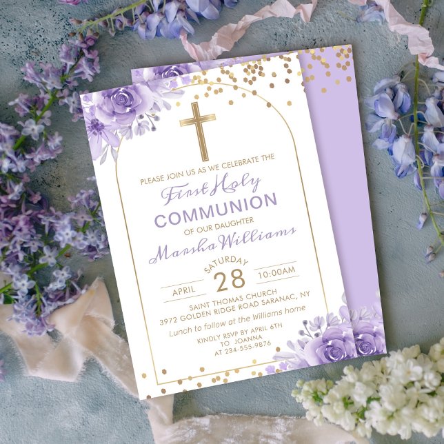 Arch Gold Purple Floral First Holy Communion Invitation (Creator Uploaded)