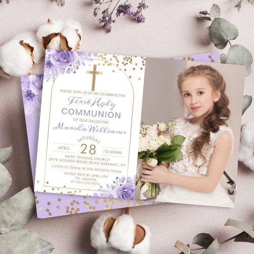 Arch Gold Purple Floral First Holy Communion Photo Invitation